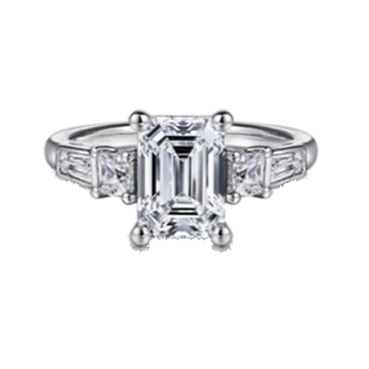 Engagement Ring SER0075 — Emerald Three-Stone with Baguettes in White Gold