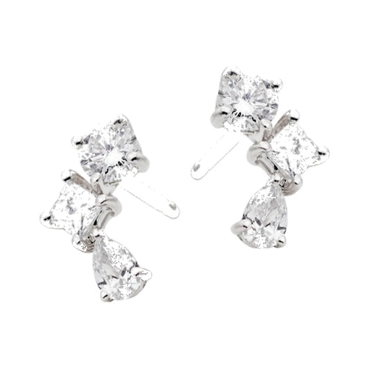Earrings SEE0018 — Mixed-Cut Triple Cluster Studs in White Gold