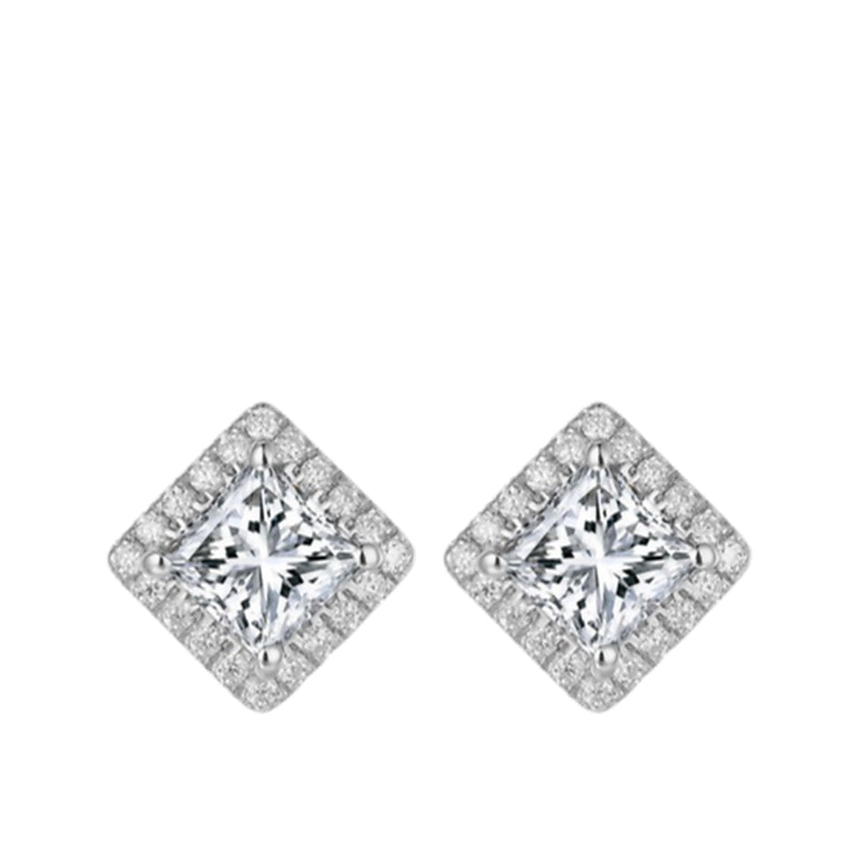 Earrings SEE0024 — Princess Halo Stud Earrings in White Gold