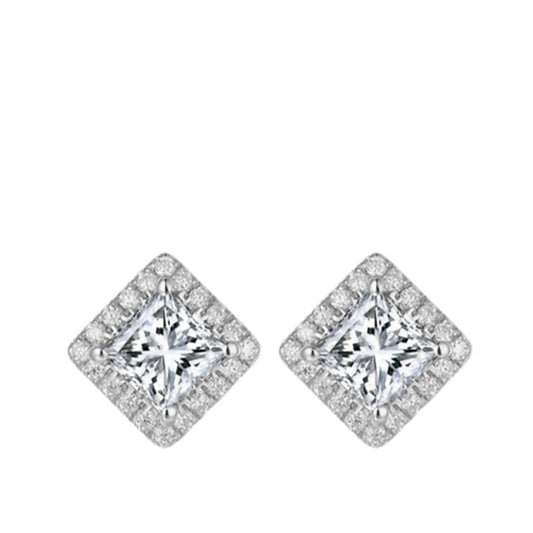 Earrings SEE0024 — Princess Halo Stud Earrings in White Gold
