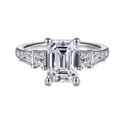 Engagement Ring SER0075 — Emerald Three-Stone with Baguettes in White Gold